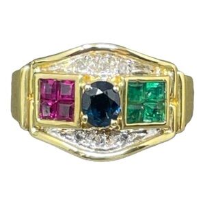 14K Solid Yellow Gold Sapphire, Ruby, Emerald and Diamond Ring